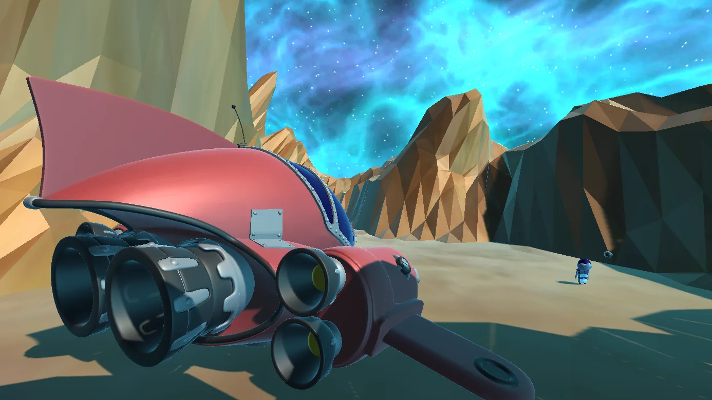 Le même vaisseau rouge, modélisé en lowpoly, posé sur la planète 03