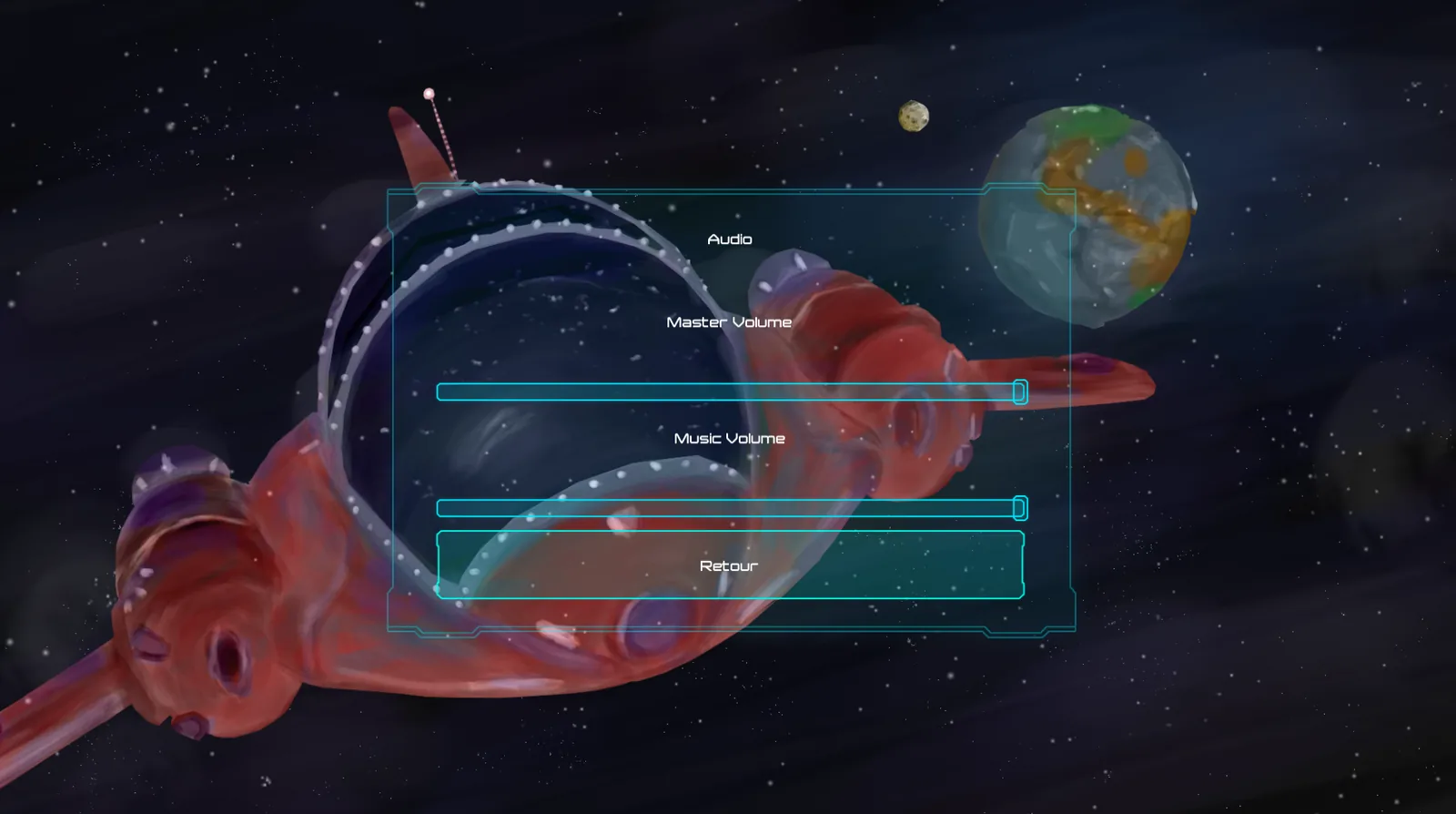 Menu d'accueil du jeu : le vaisseau en orbite terrestre et les réglages audio