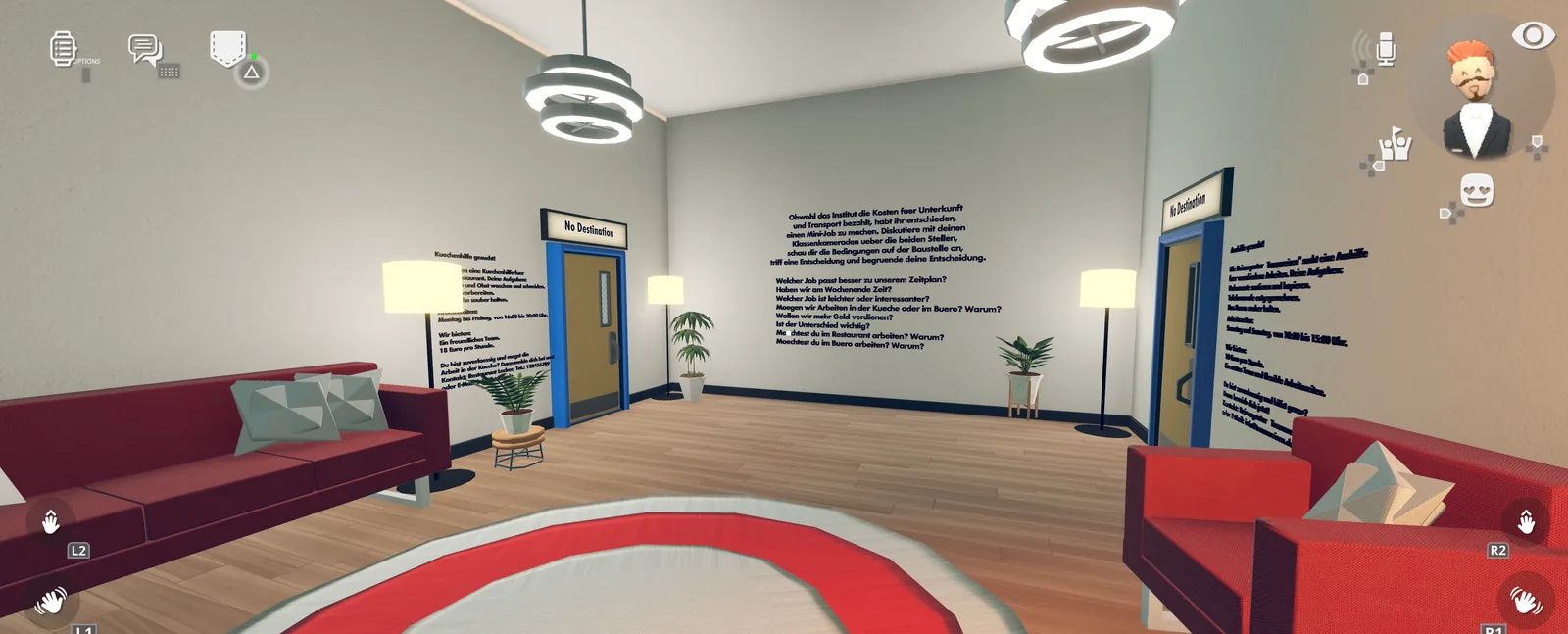 Le hall du jeu, vu au travers du casque : deux portes, des annonces d'emploi écrites directement sur les murs