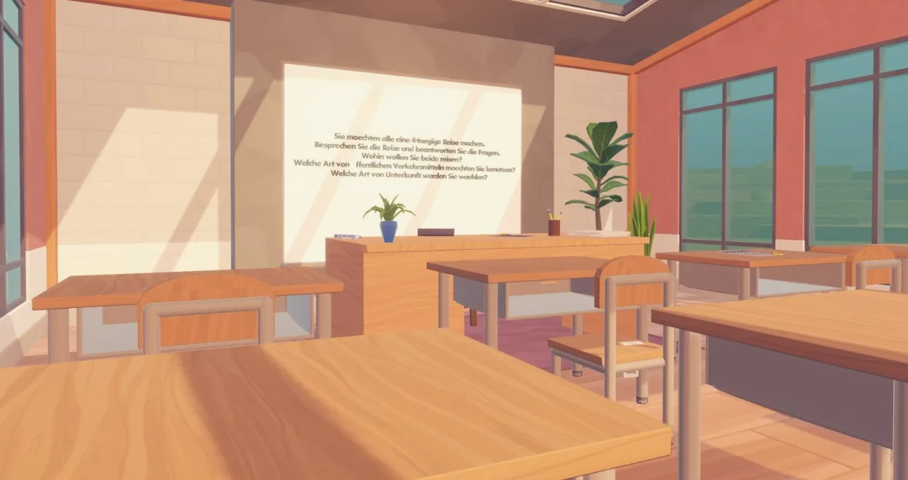 La salle de classe virtuelle, pupitres en bois et consignes au tableau blanc
