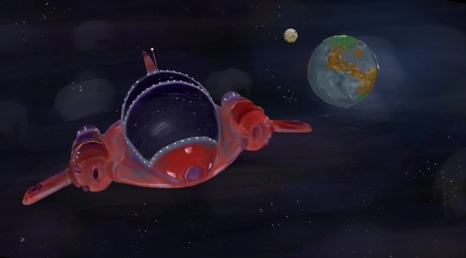 Peinture numérique : le vaisseau rouge d'Astro file vers une planète