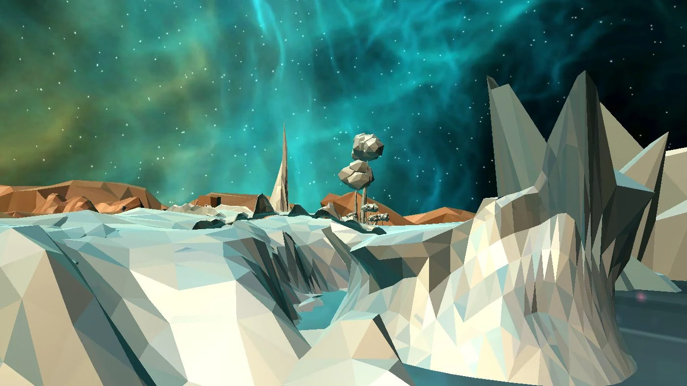 Planète 01 : montagnes de glace et sable lowpoly sous des nébuleuses turquoise