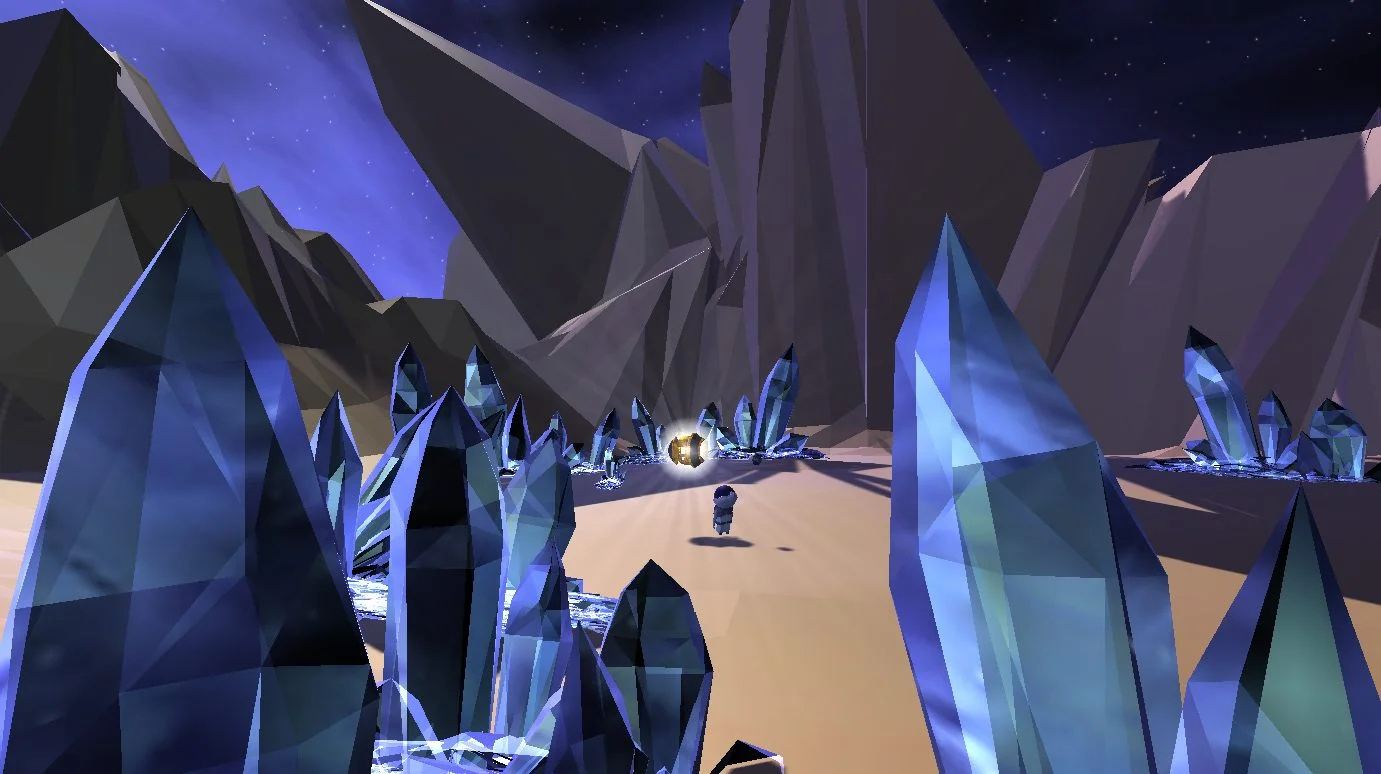 Capture en jeu : Astro marche vers une capsule dorée dans un champ de diamants, de nuit